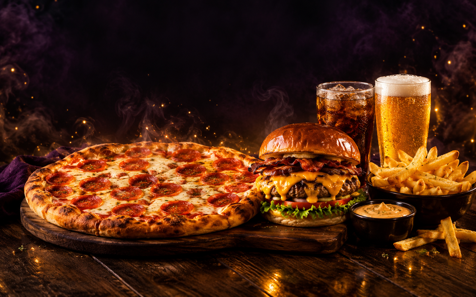 Combo com pizza, hambúrguer e bebida