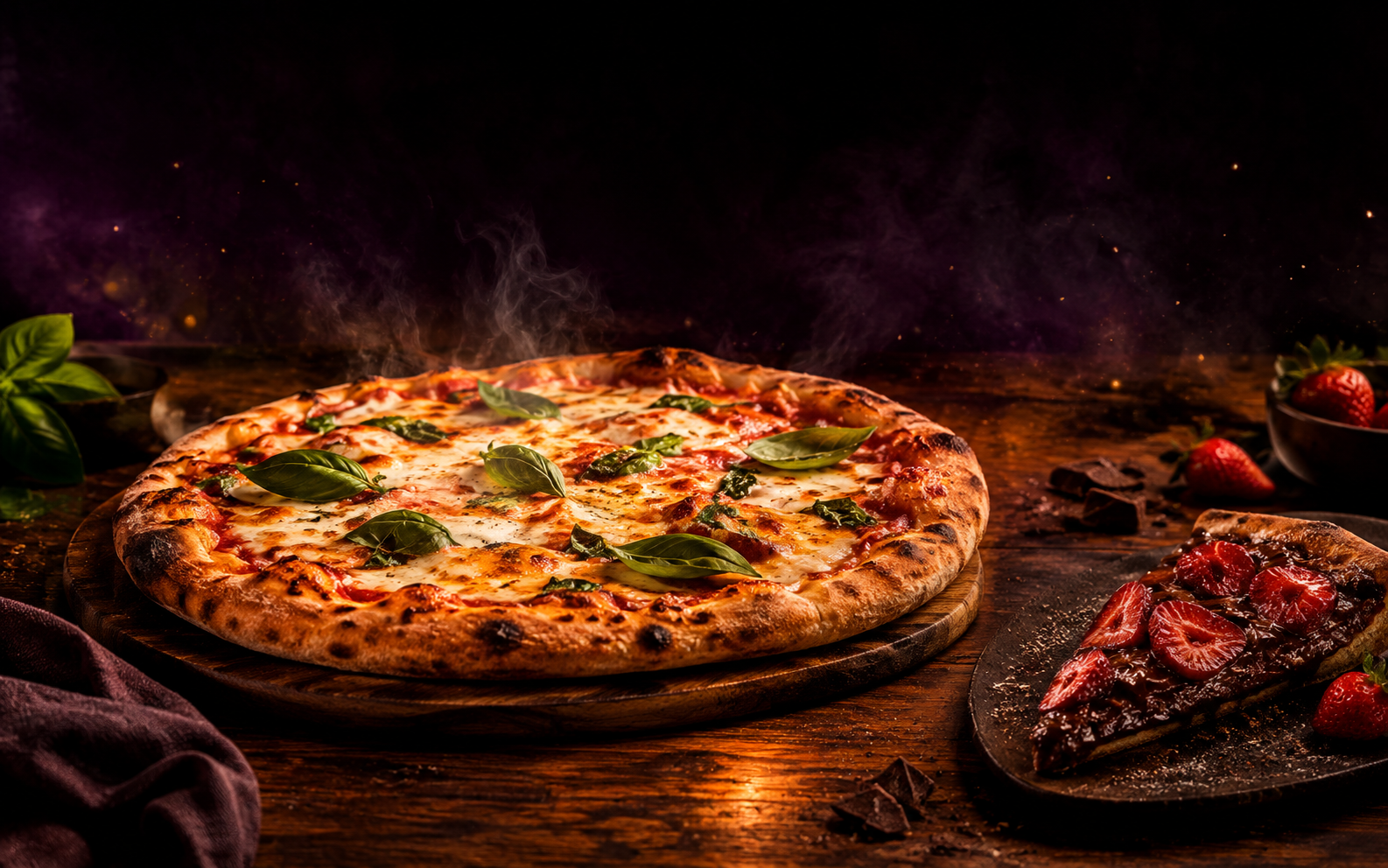 Pizza artesanal com queijo derretido e manjericão
